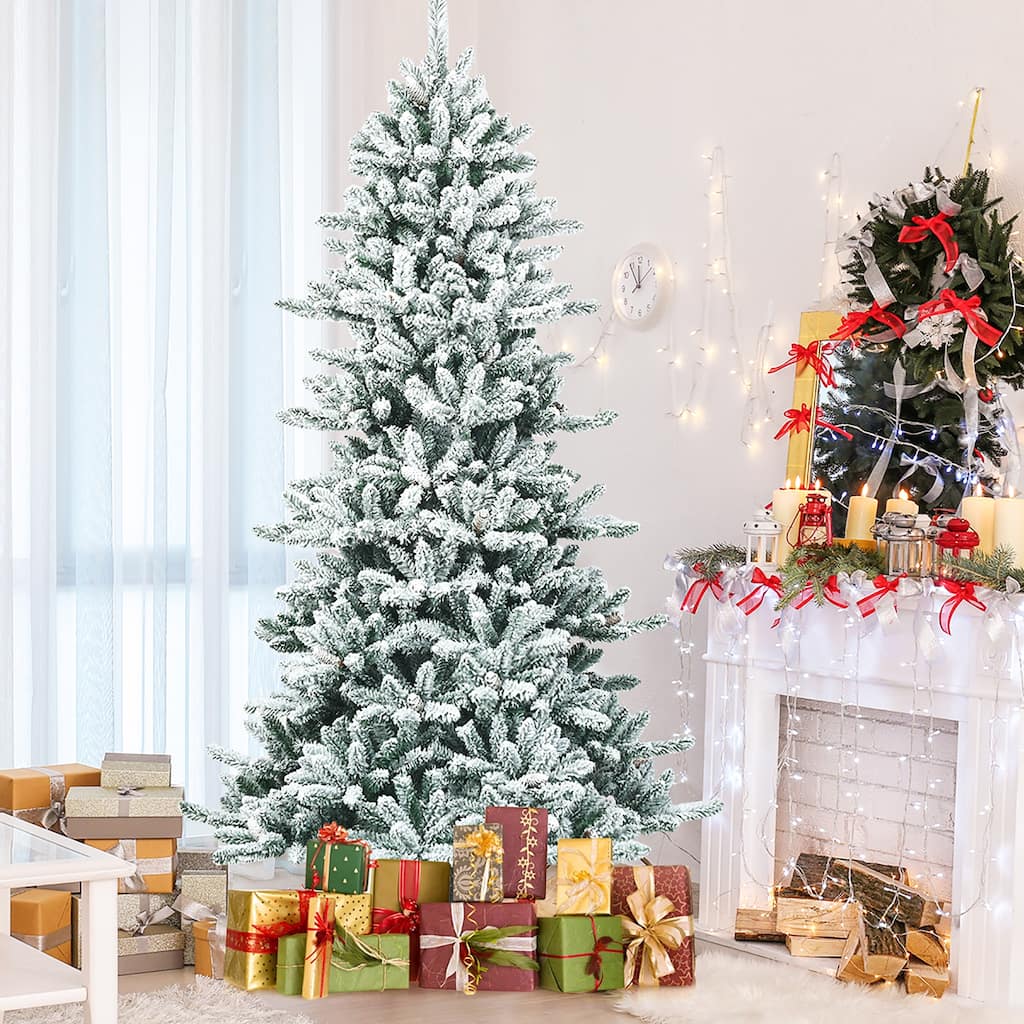 Costway 7Ft Premium Hinged Snow Flocked Slim Artificial Christmas Fir - 7 FT