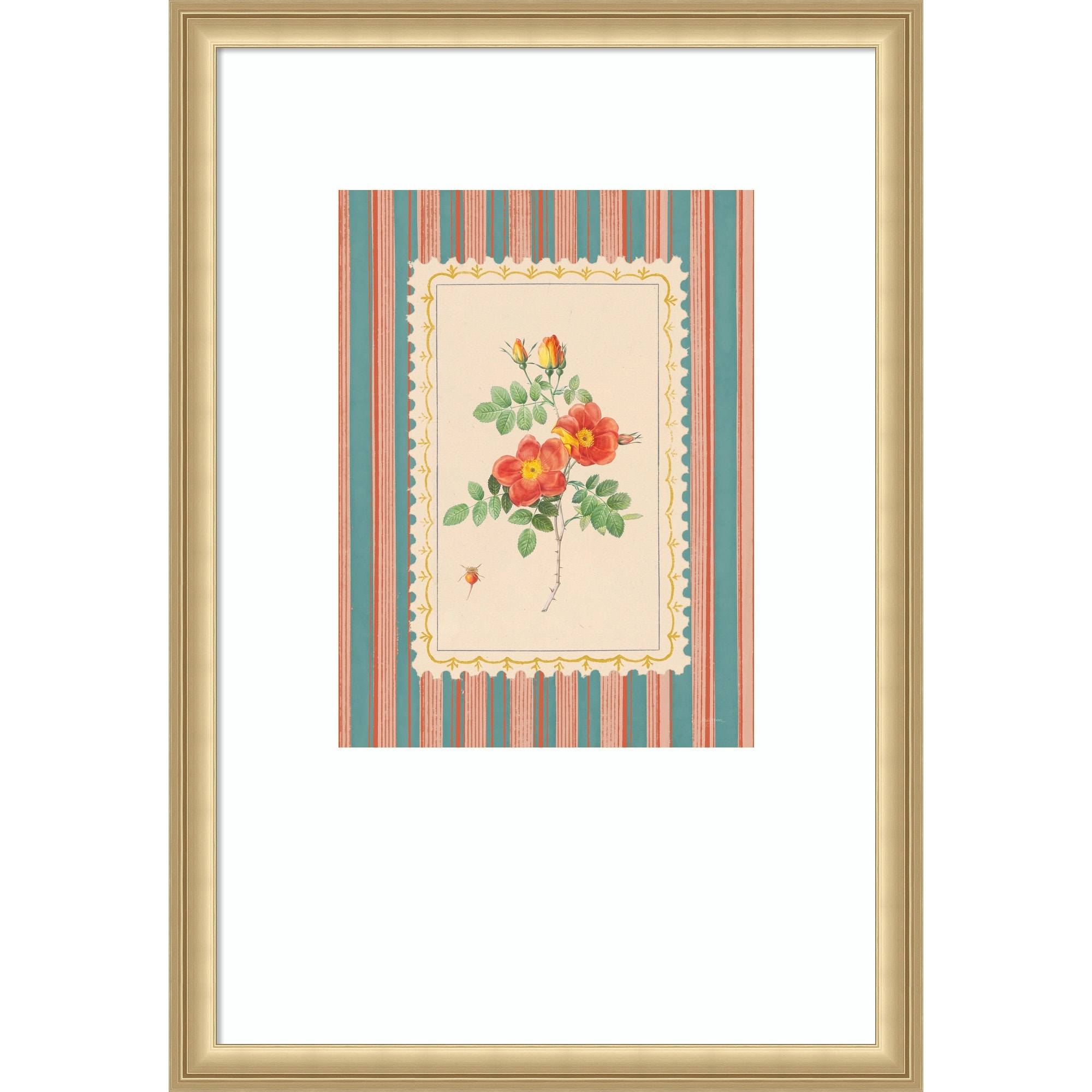 Vintage Striped Flowers IV by Mary Urban Wood Framed Wall Art Print