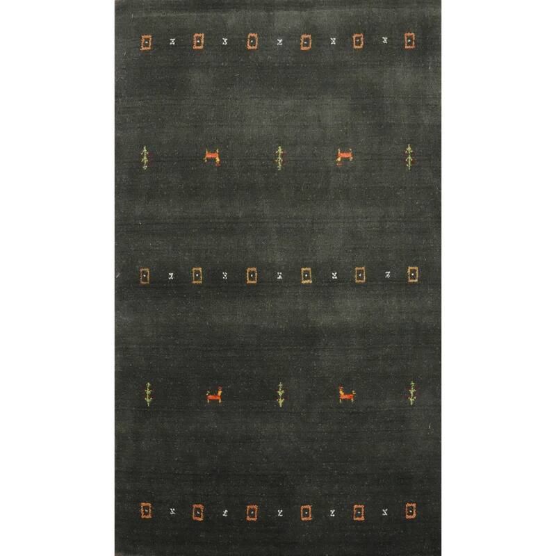 Hand Knotted Oriental 100% Wool Carpet Tribal Animal Pictorial Green Gabbeh Area Rug - 4' 11'' X 3' 0''