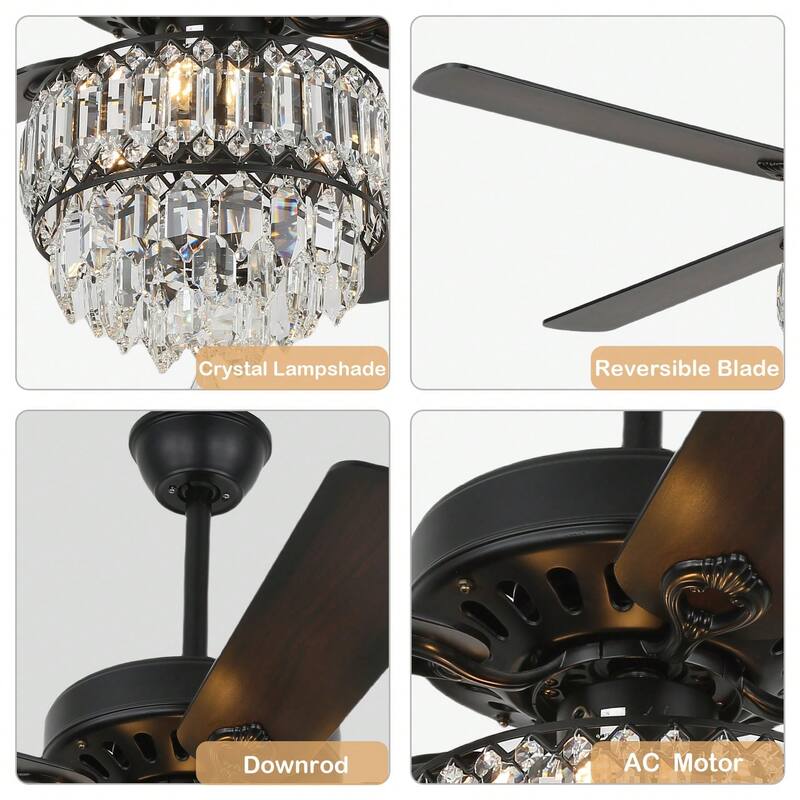 Cusp Barn 52.in. Modern Crystal Ceiling Fan with Remote and Pull Chain, 3 Speeds AC Motor Reversible Ceiling Fan for Bedroom