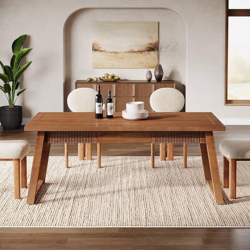 55 Inches Dining Table with Storage Drawer, Rectangular Dinner Kitchen Table