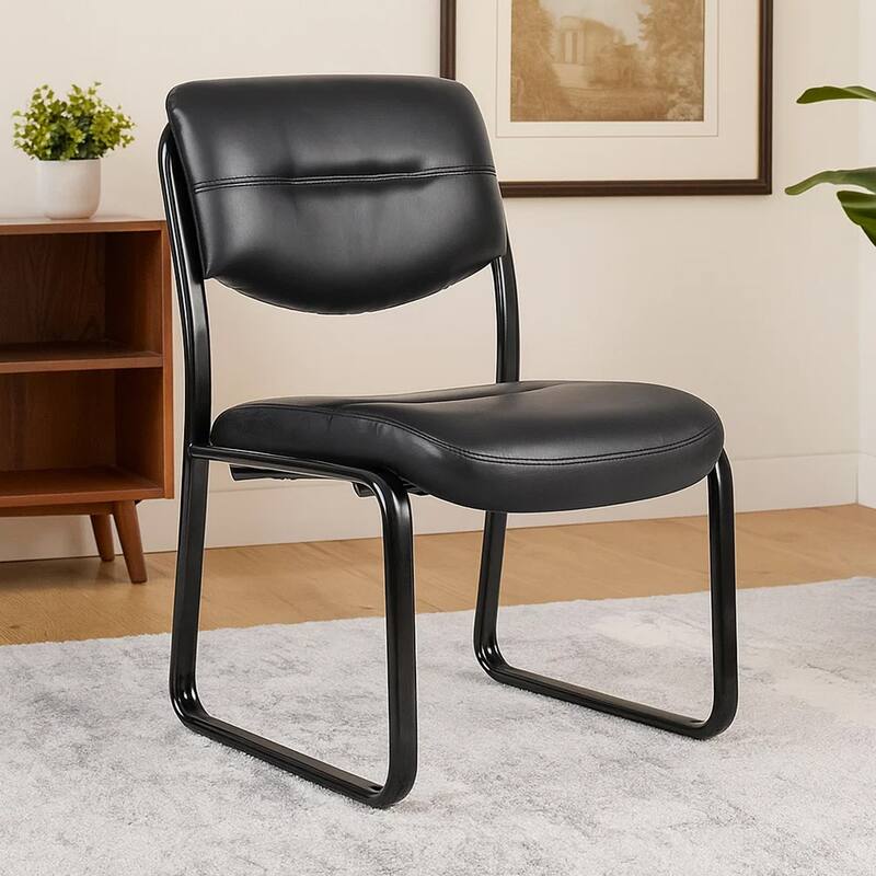 Eve Side Chair with Sled Base, Steel Frame, Black Faux Leather