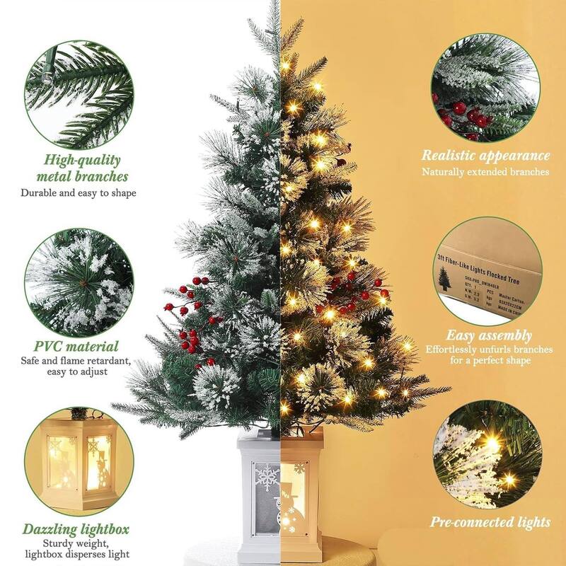 3 Ft Artificial Pre-Lit Christmas Tree with Snowflakes and Red Berries