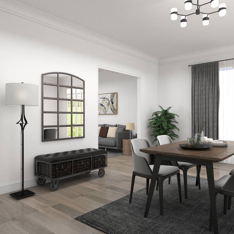 Faux Leather Tufted Upholstered 3 Trunk Room Storage Bench with Industrial Wheels and Gold Accents - Black - Roche River Decor