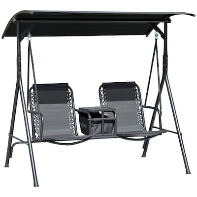 2-Seat Patio Swing Chair, Outdoor Canopy Swing Glider with Pivot Storage Table, Cup Holder, Adjustable Shade, Steel Frame