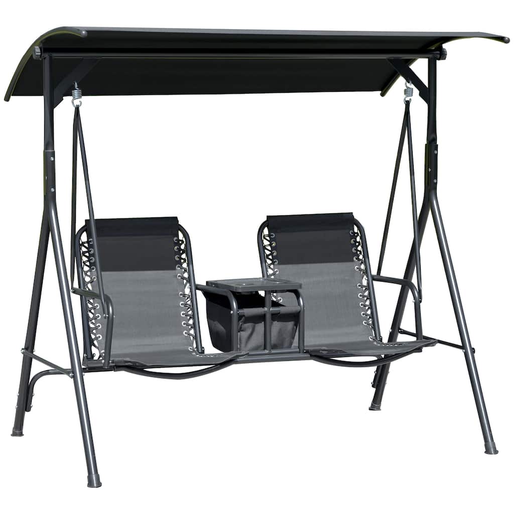 2-Seat Patio Swing Chair, Outdoor Canopy Swing Glider with Pivot Storage Table, Cup Holder, Adjustable Shade, Steel Frame