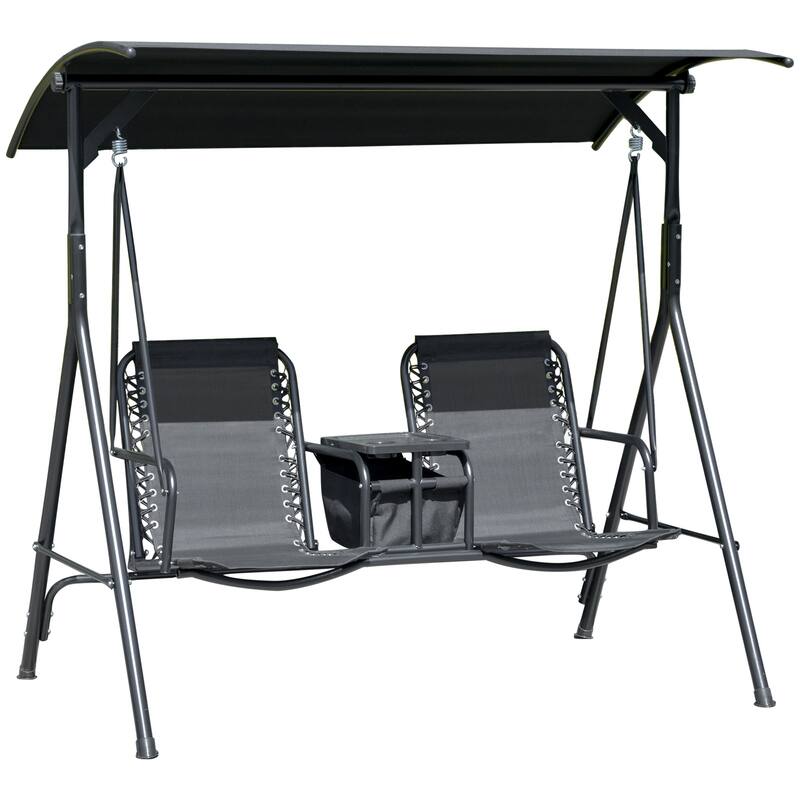 Outsunny 2 Person Front Porch Swing Chair with Cup Holder and Center Compartment, Outdoor Patio Swing with Adjustable Comfort