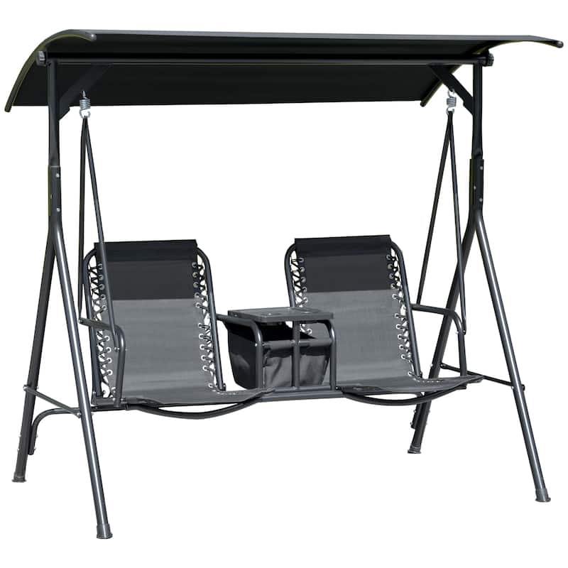 Patio Swing Hanging Chairs with Adjustable Sunshade, Storage Bag, Tabletop Cup Holder, 2-Seat Swing Lounge Rocking Chair