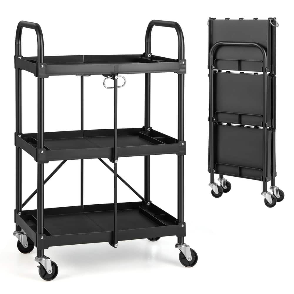 Costway Folding Collapsible Service Cart Heavy-Duty 3-Shelf Tool Cart - 24'' x 17'' x 38'' (L x W x H)