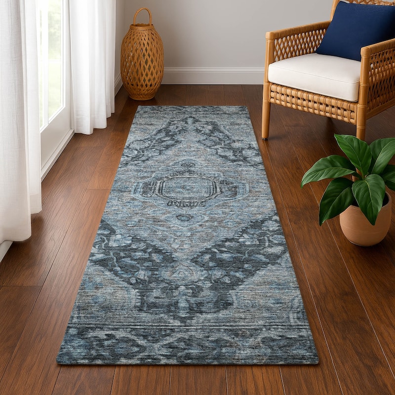 Premium Washable Super Soft Traditonal Marcus Mayfield Rug - Navy - 2'3" x 7'6"