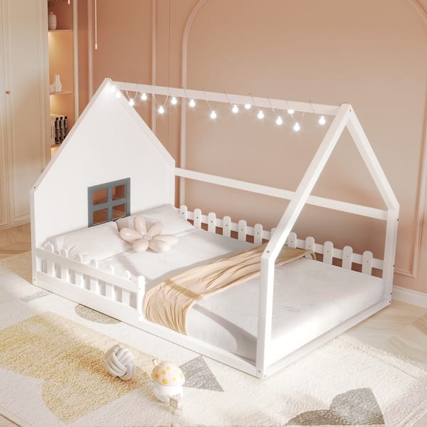 slide 2 of 34, Full Size Wood House Bed with Window and Fence for Bedroom White
