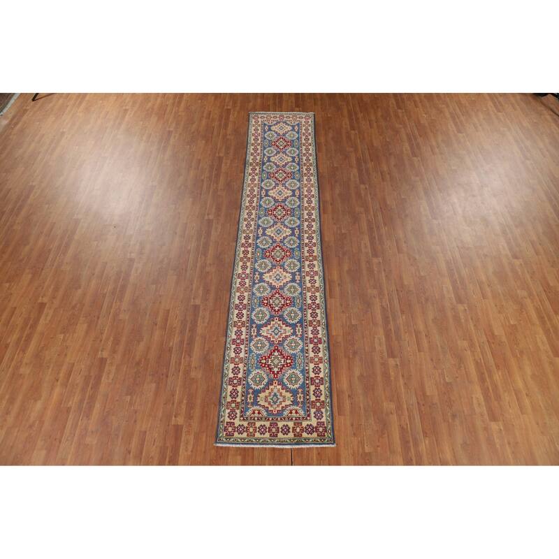 Kazak Runner Rug Hand-Knotted Traditional Blue Wool Carpet - 2'7" x 13'1"