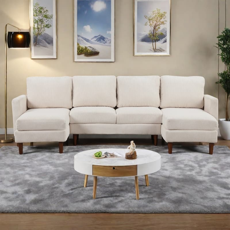 103" Polyester U-Shaped Sectional Sofa with Sponge-Filled Cushions and Solid Wood Legs - Beige