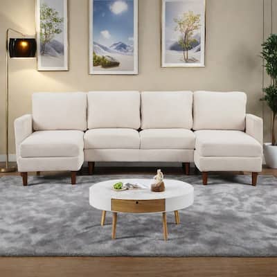 103" Polyester U-Shaped Sectional Sofa with Sponge-Filled Cushions and Solid Wood Legs
