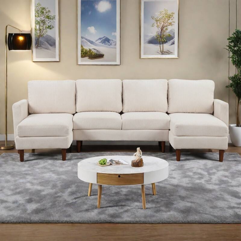 103" Polyester U-Shaped Sectional Sofa with Sponge-Filled Cushions and Solid Wood Legs