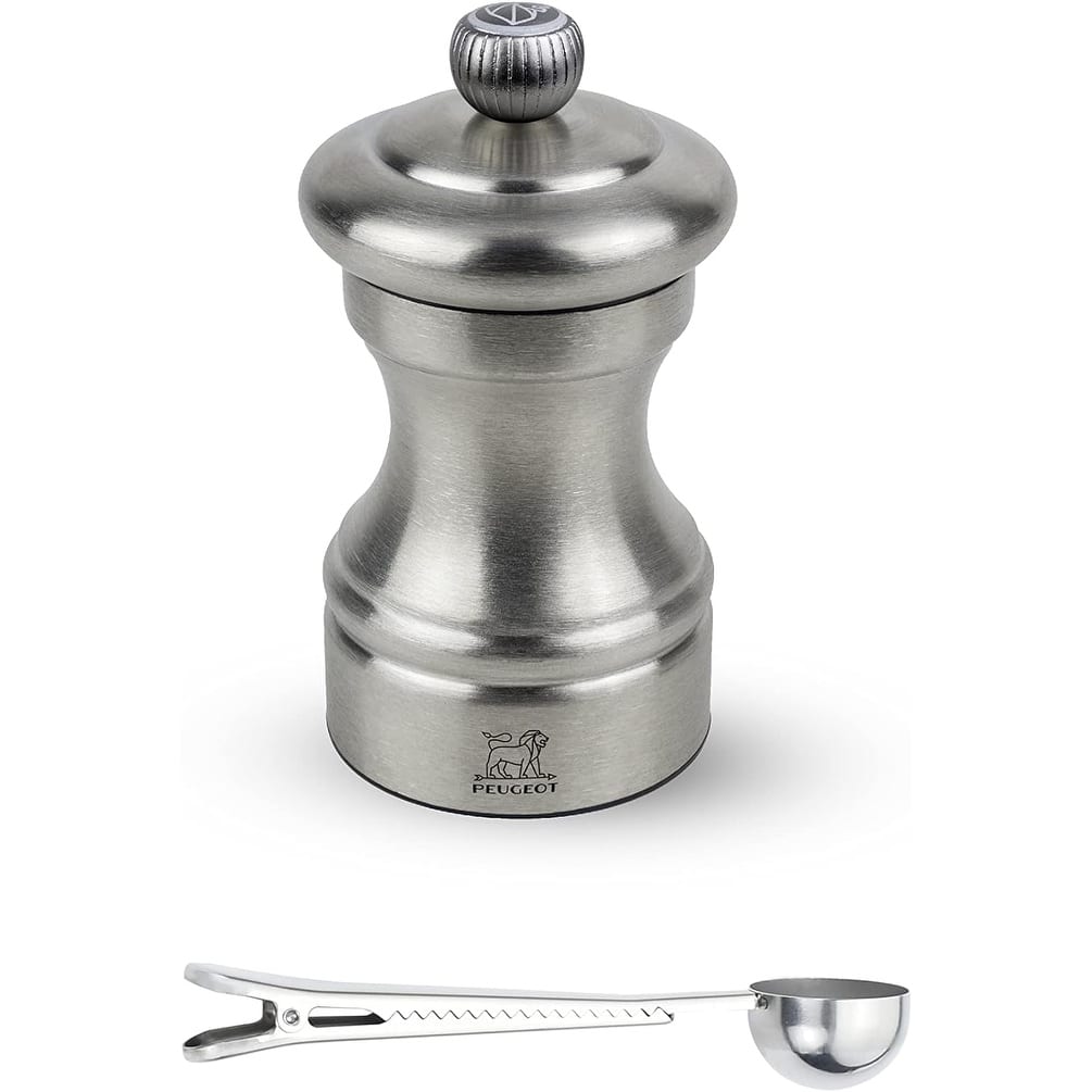 Peugeot Bistro Chef Manual Salt Mill Gift Set Stainless Steel 10 cm - 4in - With Stainless Steel Spice Scoop/Bag Clip