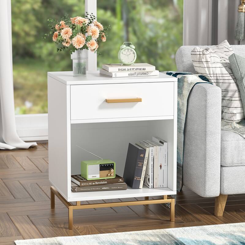 Anmytek Modern 1-Drawer White Nightstand Wood Bedside Table with Open Shelf (Set of 2)