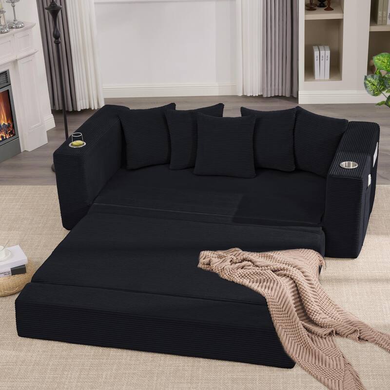 2-in-1 Convertible Sleeper Sofa, Floor Folding Couch, Sofa Bed with Side Pocket, Pull Out Loveseat with Cup Holders