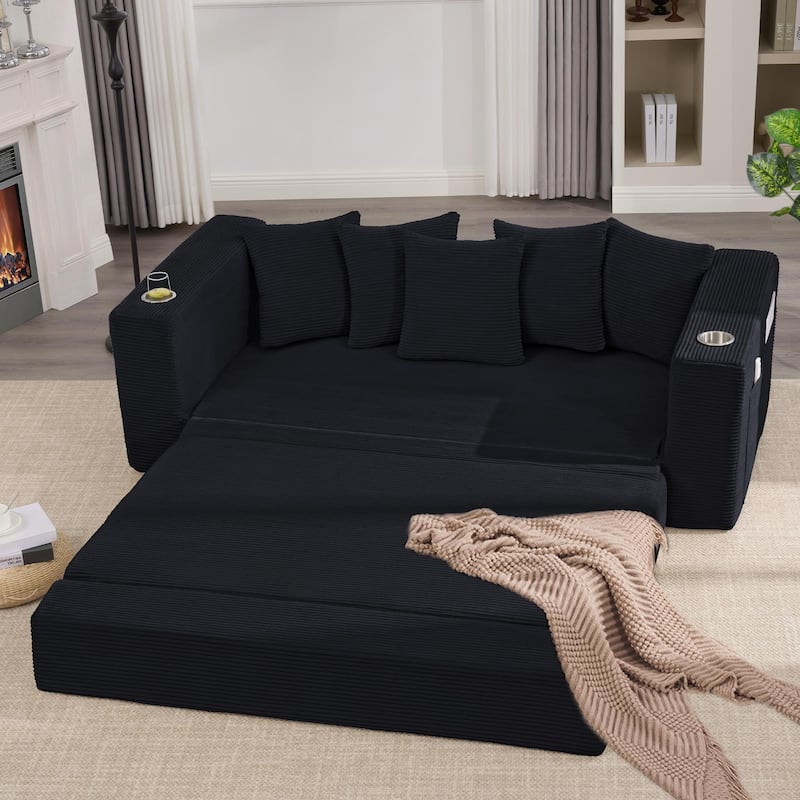 Convertible Corduroy Sleeper Loveseat Sofa Bed 3 Seater Floor Folding Couch with 5 Pillows, Cup Holders and Side Pockets