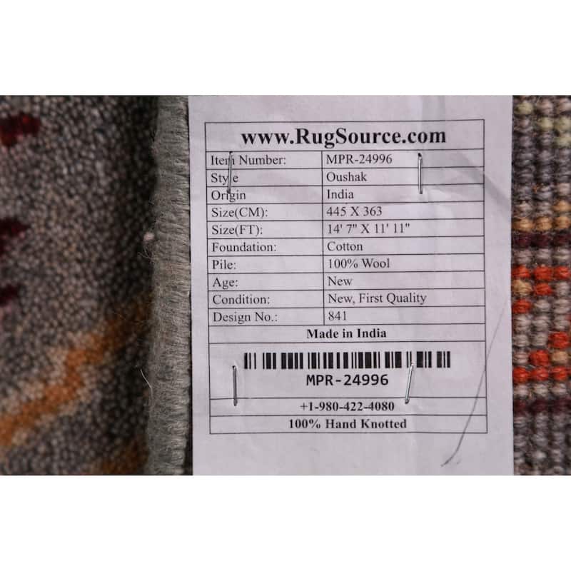 All-Over Gray Oushak Indian Large Rug Hand-Knotted Wool Carpet - 11'11" x 14'7"
