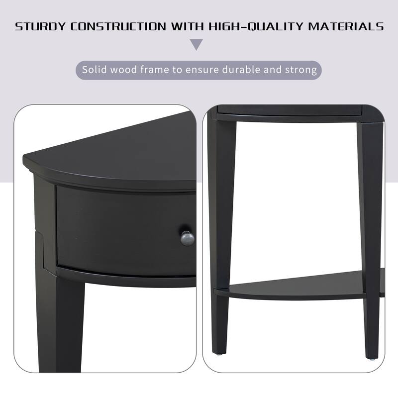 Half Moon Console Table with 3 Storage Drawers, Wood Sofa Table with Round Handles, Narrow Hallway Table with 1 Bottom Shelf