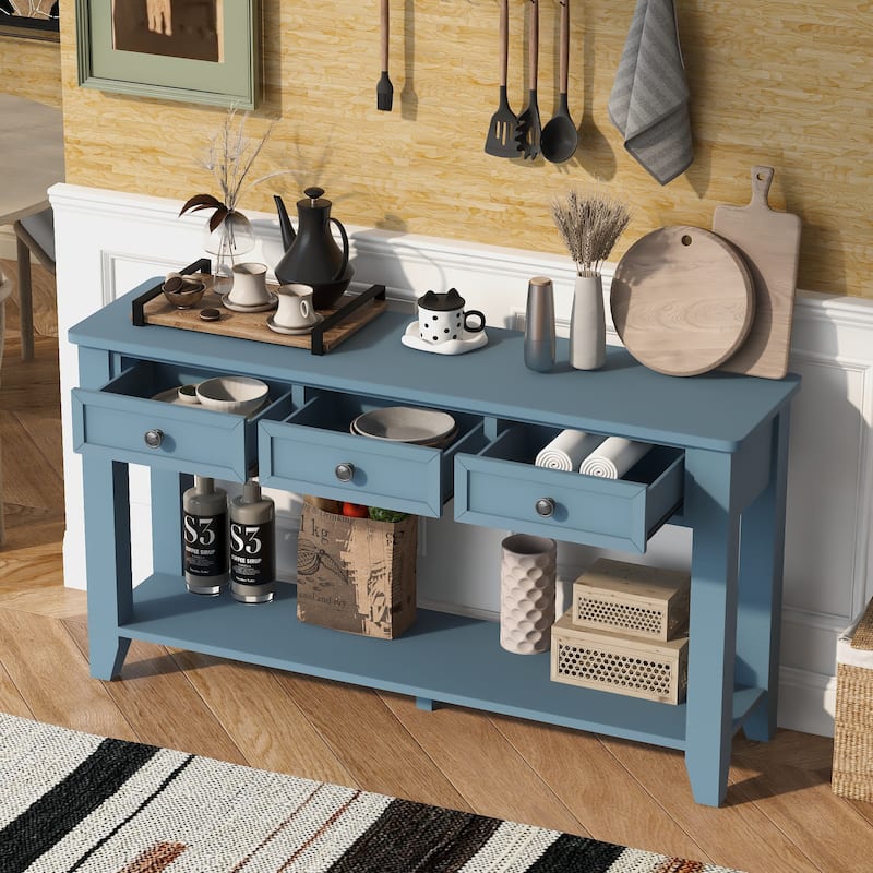 Roomfitters 55.4" Modern Console Table, Narrow Entryway Accent Table with Storage and Open Shelf, Hallway Sofa Table - Blue
