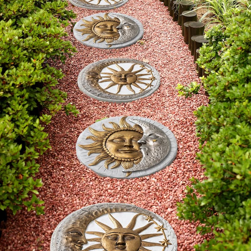 Glitzhome 4-Piece Sun & Moon Cement Stepping Stones Garden Decor - 10 in