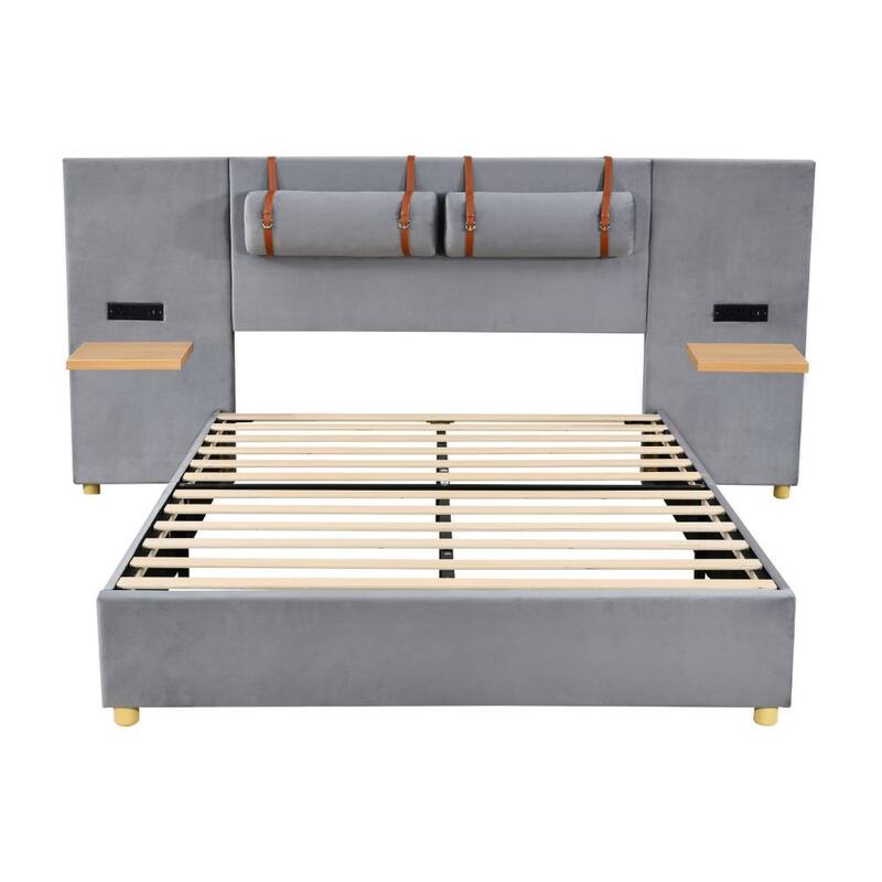 Upholstered Velvet Platform Bed with Two Outlets and USB Charging Ports on Both Sides