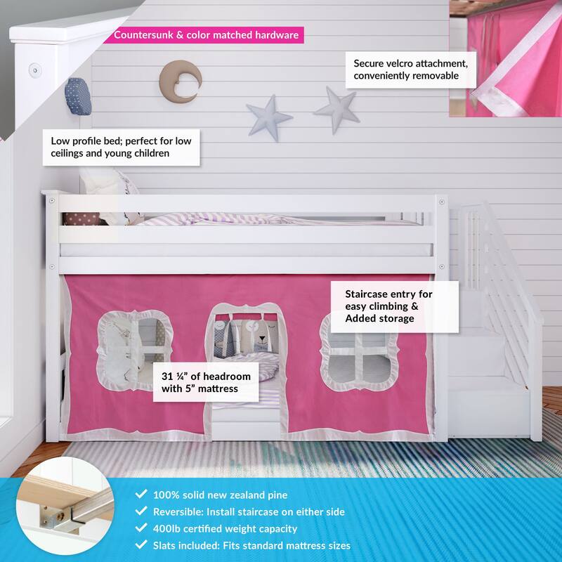 Max and Lily Twin over Twin Low Bunk Bed with Staircase and Curtains
