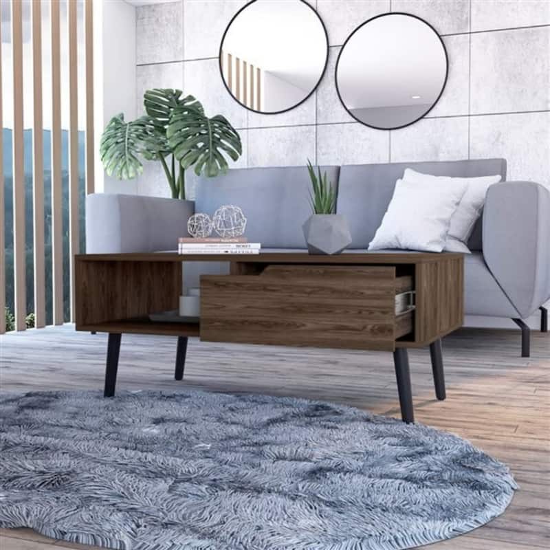 40-Inch Coffee Table with Functional Storage Brown and Black Design Rectangular Wooden Table with Shelf and Drawer