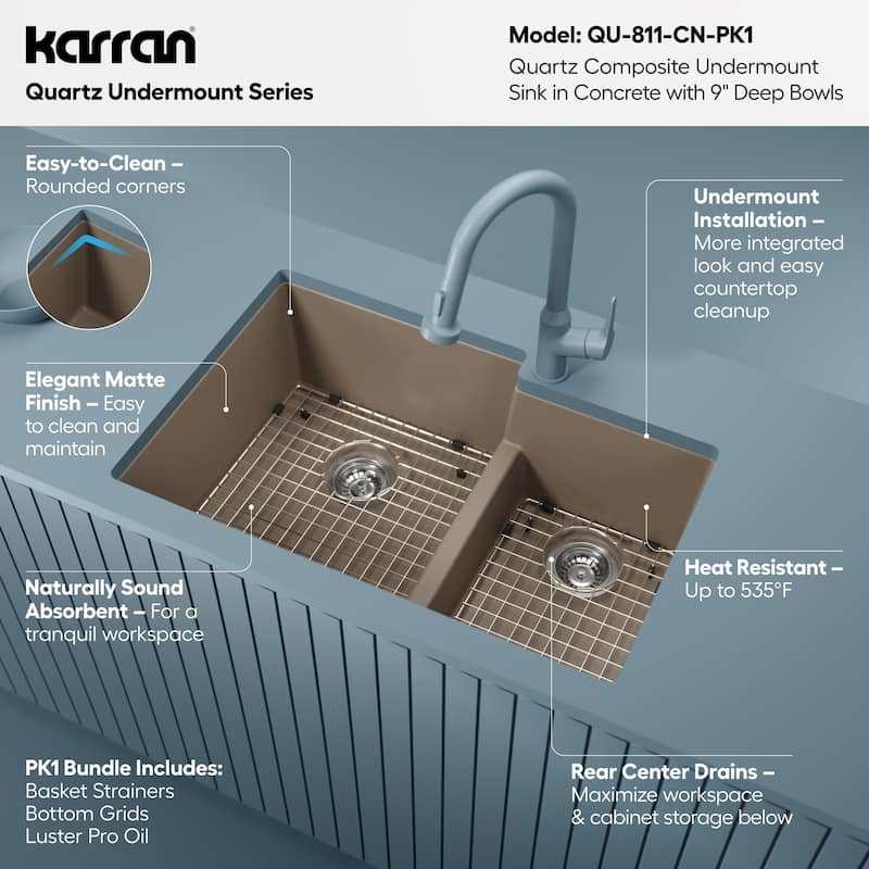 Karran 32" Undermount Large/Small Bowl Quartz Kitchen Sink Kit - 32" x 21.25" x 9"
