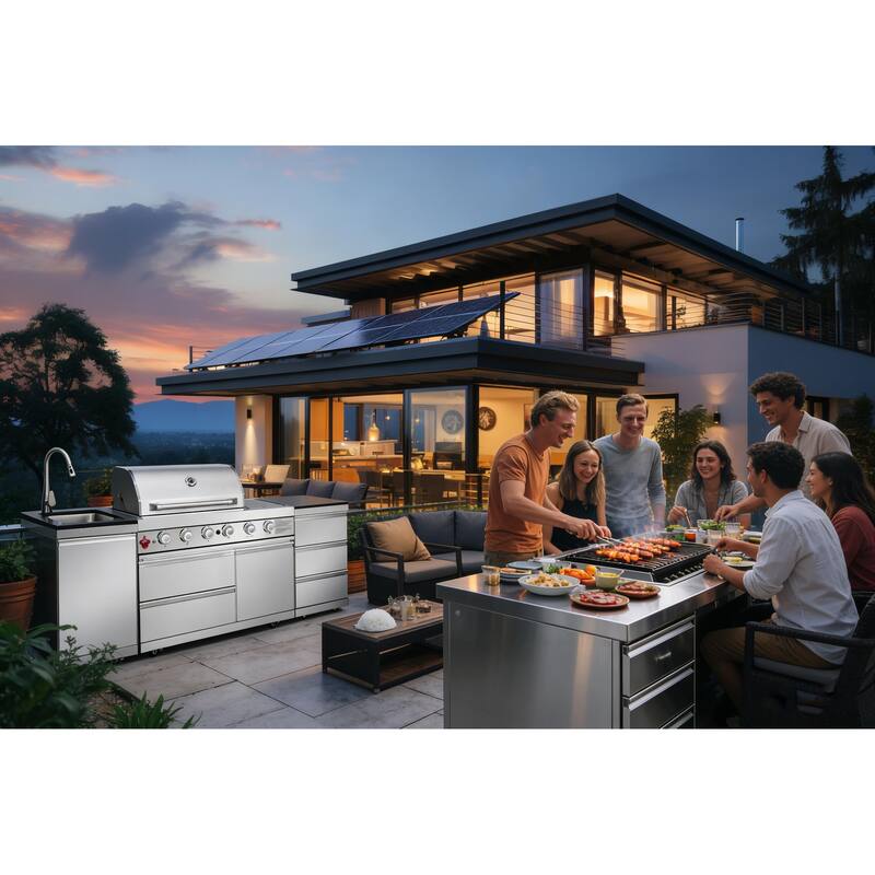 GDFStudio Zarethion Stainless Steel Outdoor Kitchen Island Grill with 4 Burners, Rotisserie and Storage Drawers
