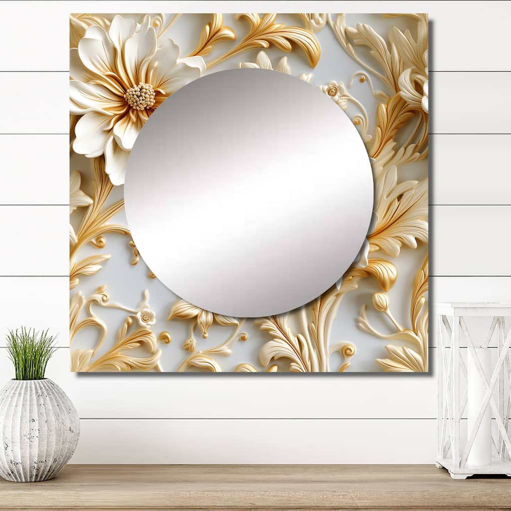 Designart "Gold And White Royal Flower Garden Serenity I" Modern Wall Mirror - Damask Square Printed Mirror For Hallway