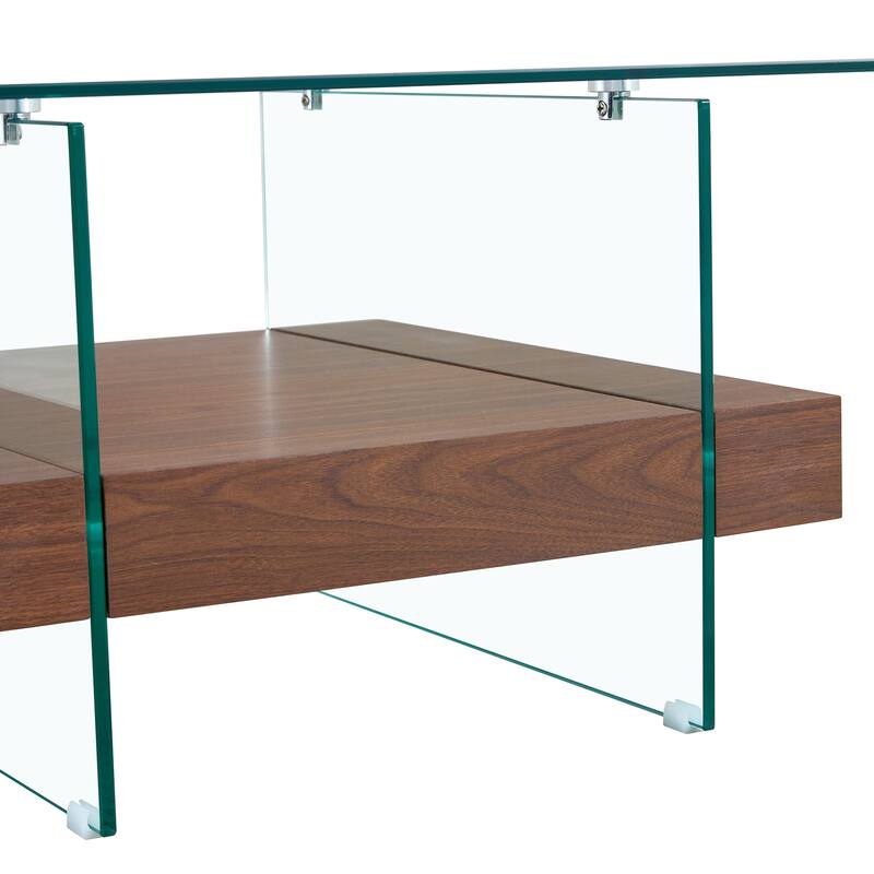 Roomfitters Square Glass Coffee Table with Walnut Finish, Two-Tier Modern Accent Table for Compact Spaces