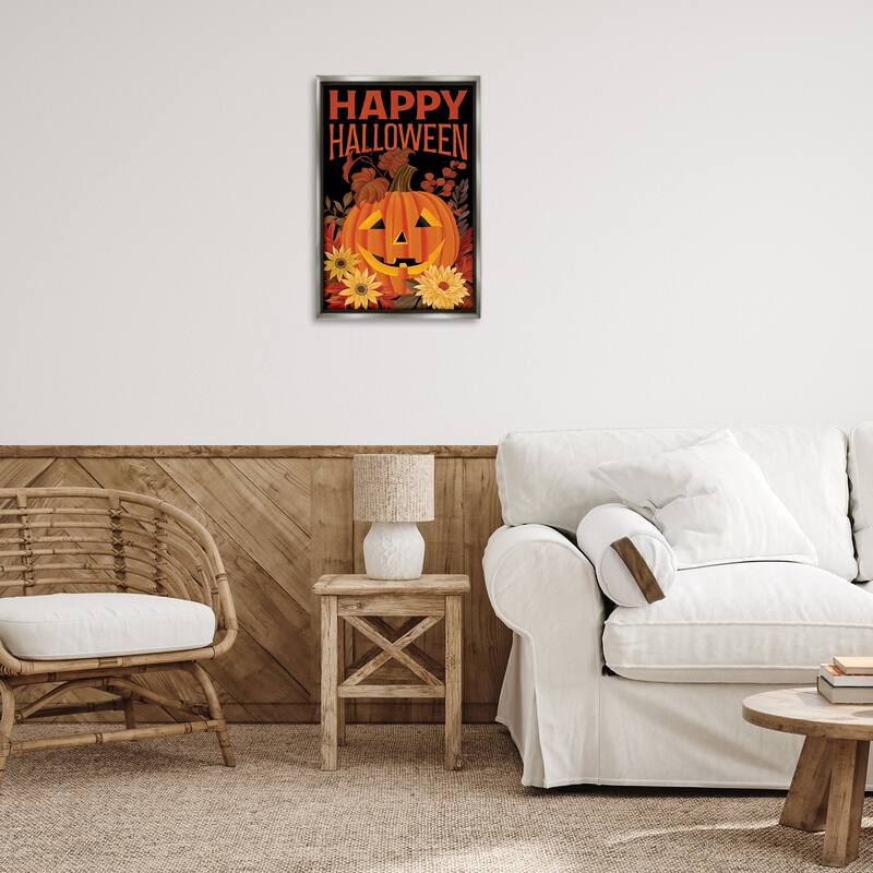 Stupell Happy Halloween Floral Pumpkin Framed Floater Canvas Wall Art Design By Cat Thurman Designs