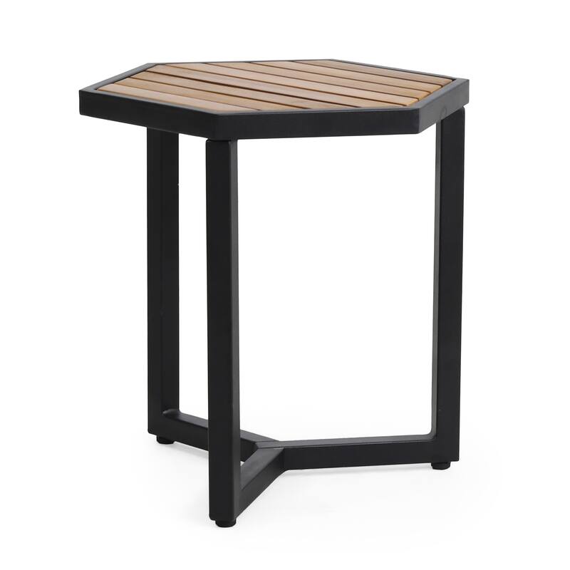 Roomfitters Outdoor Accent Side Table with Durable Metal Base and Teak-Style Surface, Beige