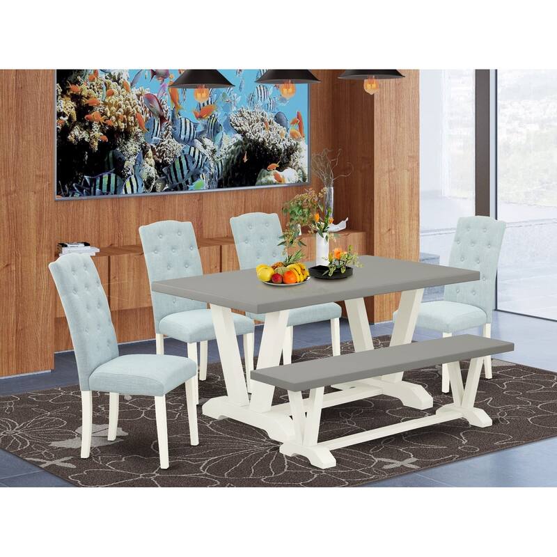 East West Furniture Dining Set- a Dining Table and Baby Blue Linen Fabric Parson Chairs, Off-White(Pieces Options)