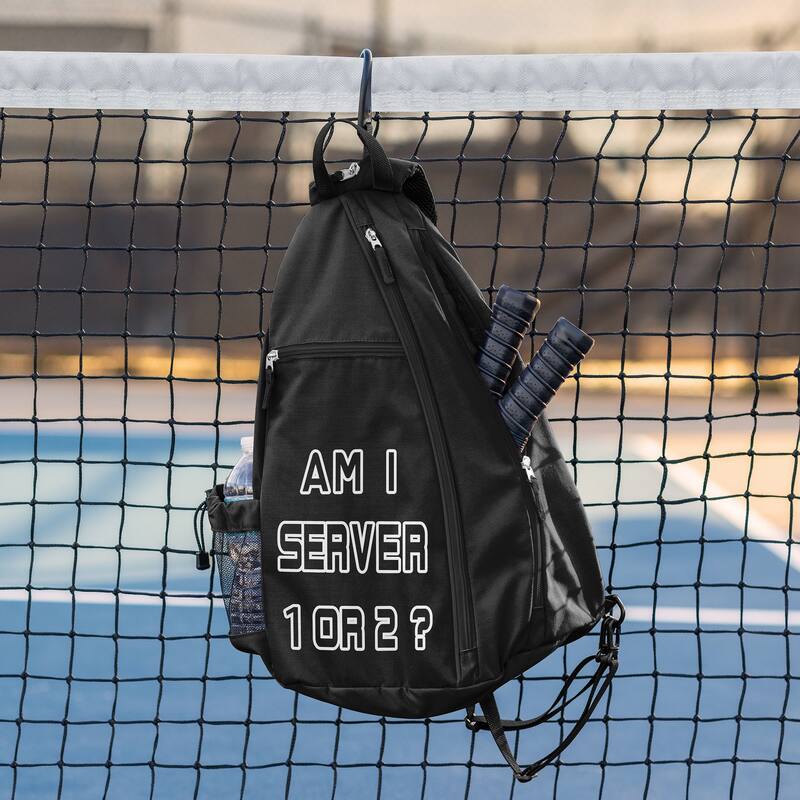 Sweet Jojo Designs Black Pickleball Bag Sling Backpack Crossbody - Sports Pun Funny Quote Sayings Am I Server 1 or 2?