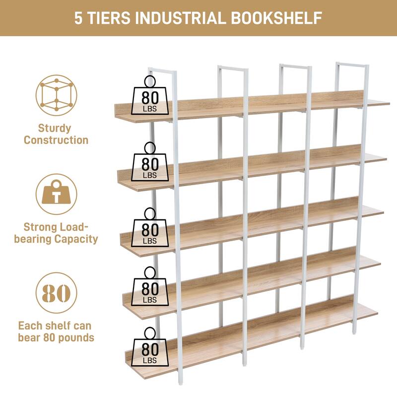 5 Tier Bookcase Home Office Open Bookshelf with Metal Frame