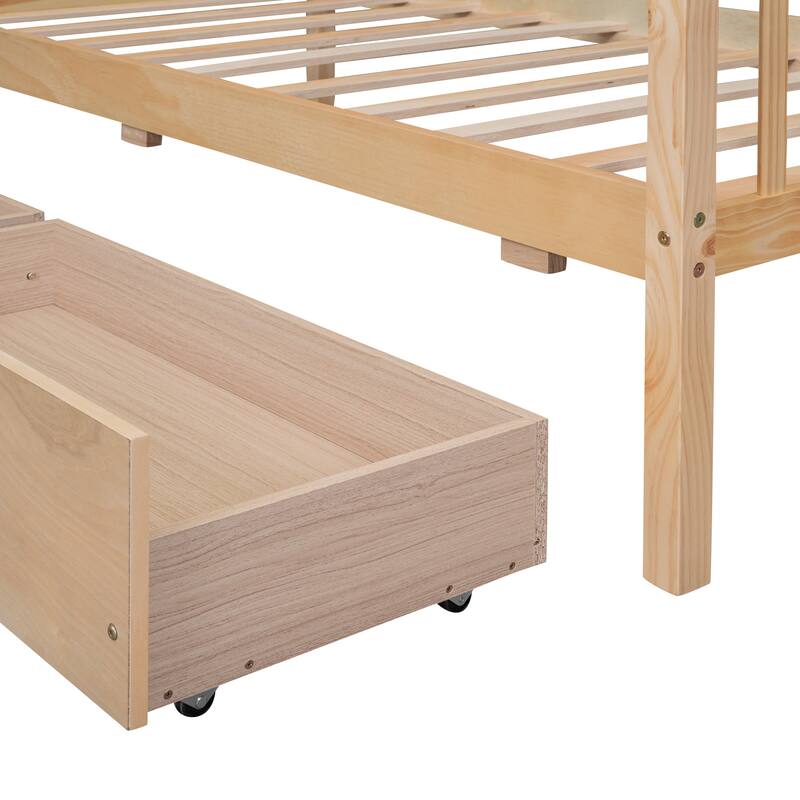 Twin Size Wooden House Bed with Storage Drawers, Fun Kids Bed with Roof Design