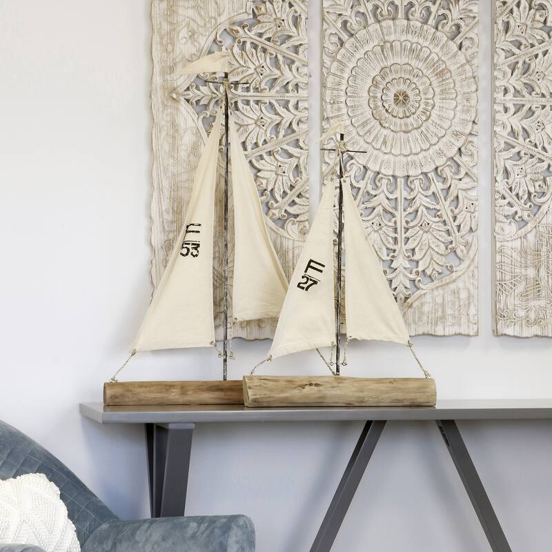 Hendrik - Set of Two - Natural Wood, Metal, and Painted Canvas Sail Boats