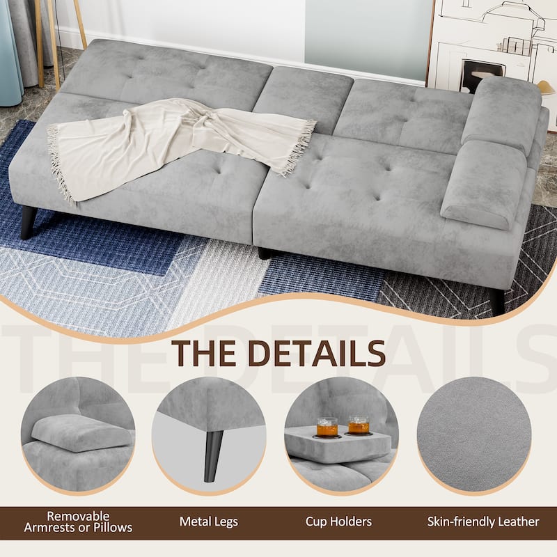 3-in-1 Convertible Sofa Bed with Folding Cup Holders & Adjustable Backrest – Modern Futon with Removable Armrests