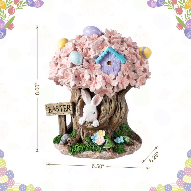 Glitzhome Easter Resin Egg Shaped House Table Decor Bunny & Pink Blossoms Figurine