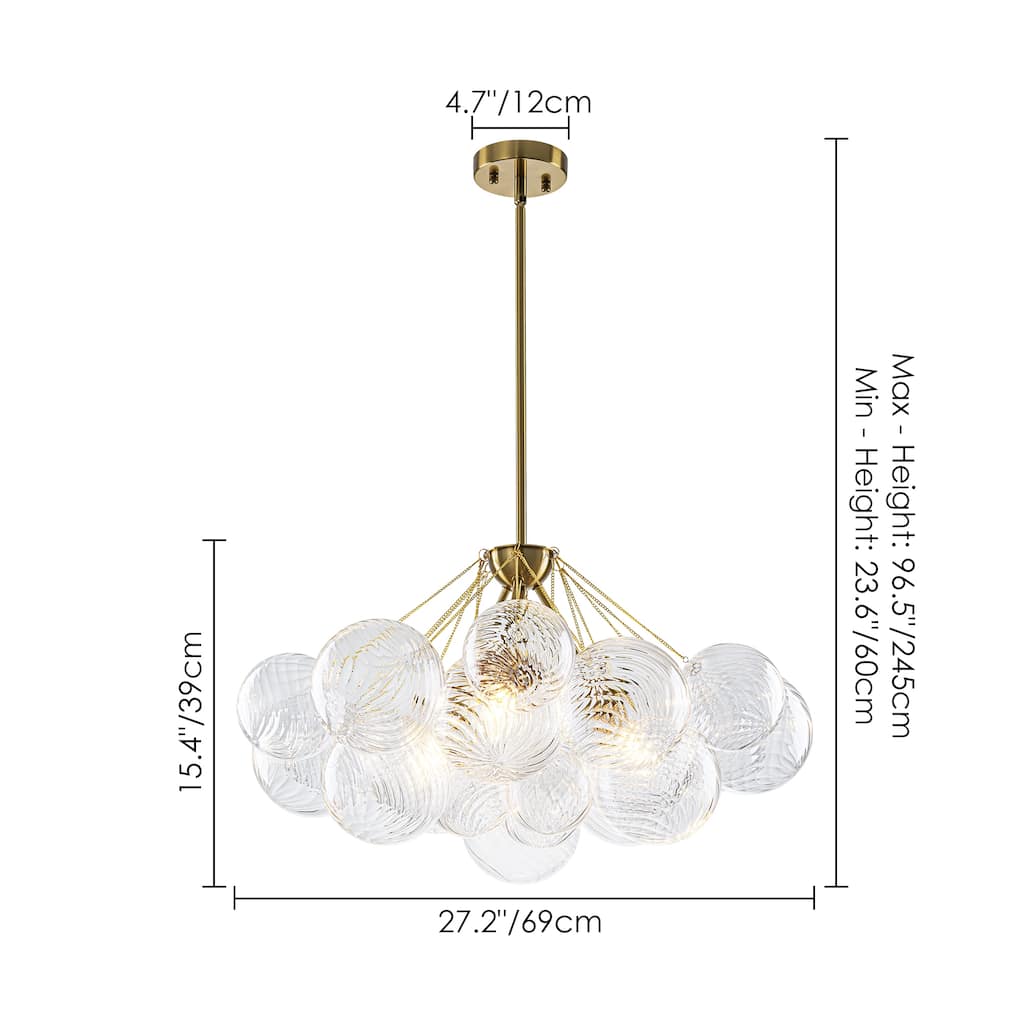 3-Light Contemporary Textured Brass & Bubble Glass Chandelier for Dining Room - 3 Light