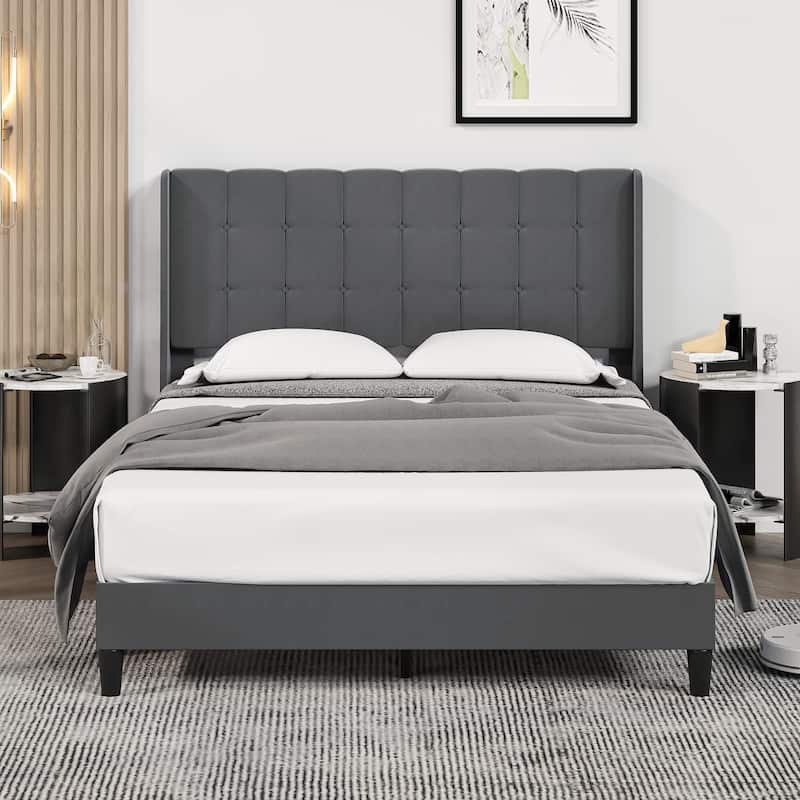 Platform Bed Frame with Upholstered Headboard and Wingback - Grey
