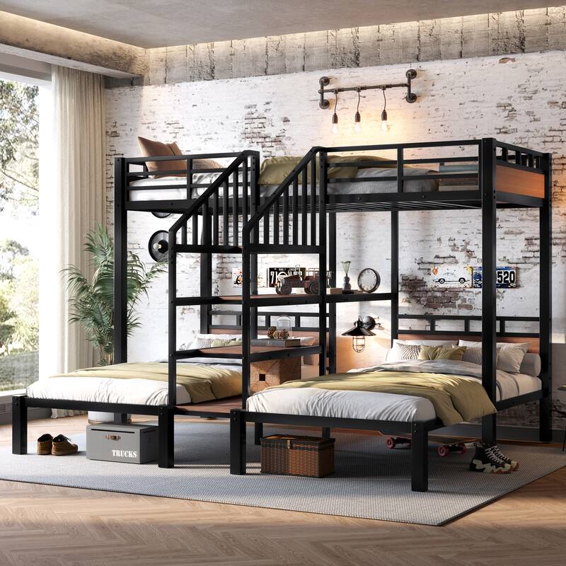 Triple Metal Bunk Bed with Storage Shelves and Stairs, Black