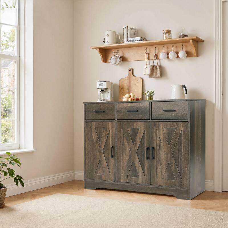 Barn Door Buffets Storage Cabinet Sideboards with 3 Drawers