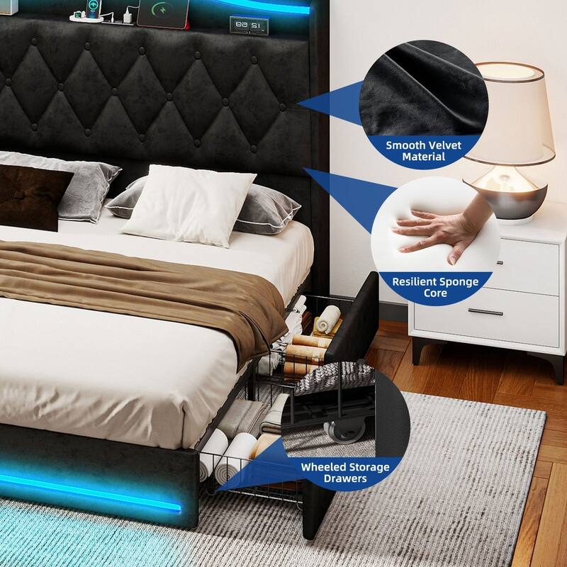 Moasis Queen Size Velvet Upholstered Bed Frame with 4 Storage Drawers & RGB Lights