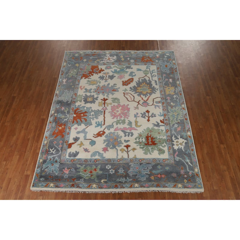 Beige / Ivory Floral Oushak Indian Area Rug Handmade Wool Carpet - 7'10" x 9'11"