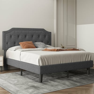 Queen Size Platform Bed Frame w/ Button Tufted Headboard, Dark Grey